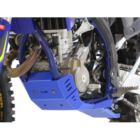 Left side of the blue HDPE plastic skid plate with linkage guard for Sherco SEF250 - SEF300 Factory