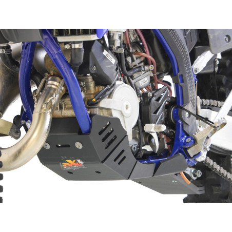 Left side of the black HDPE plastic skid plate with linkage guard for Sherco 125SE Factory