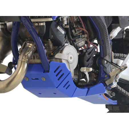 Left side of the blue HDPE plastic skid plate with linkage guard for Sherco 125SE Factory