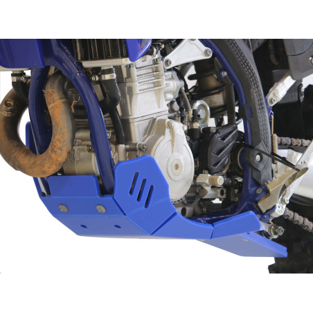Left side of the blue HDPE plastic skid plate with linkage guard for Sherco SEF450 / SEF500 Factory