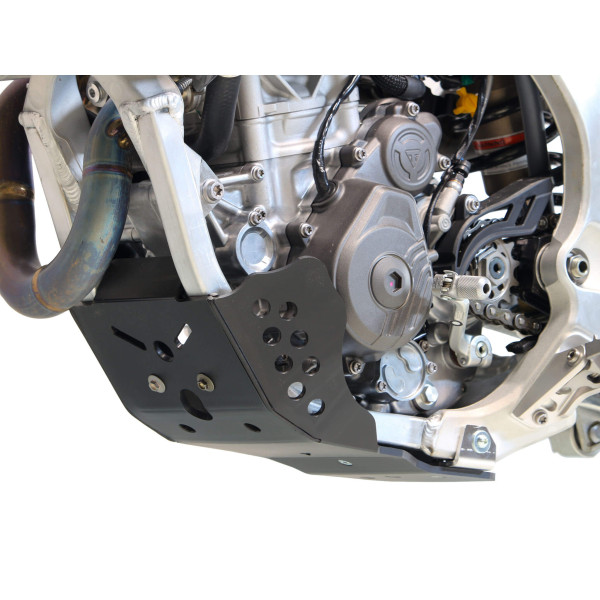 Left side of the 6mm black HDPE plastic skid plate for Triumph TF250X