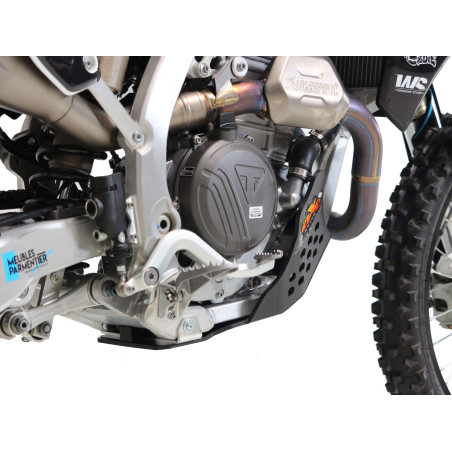 Rear right side of the 6mm black HDPE plastic skid plate for Triumph TF250X
