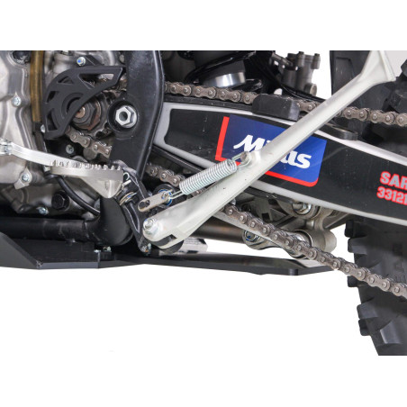 Close up view of the linkage guard of the black HDPE skid plate 8mm thick for Kove 450 Rally