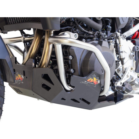 Left side of the black HDPE 8mm thick plastic skid plate for BMW F900GS with crash bars