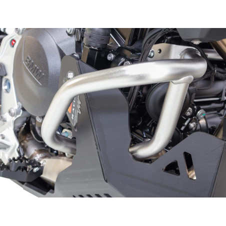 Close up view of the right side of the black HDPE 8mm thick plastic skid plate for BMW F900GS with crash bars