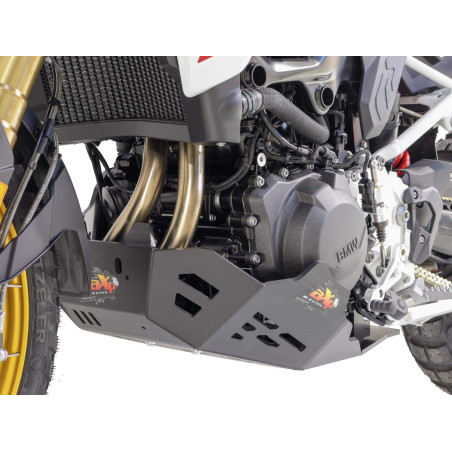 Left side of the black HDPE 8mm thick plastic skid plate for BMW F900GS without crash bars