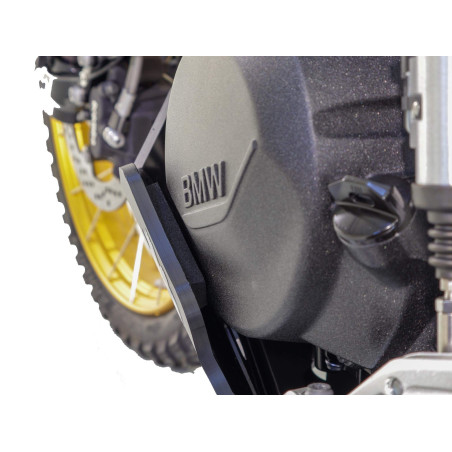 Close up view of the foam protecting the case on the left side of the black HDPE 8mm thick plastic skid plate for BMW F900GS wit