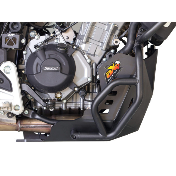 Black skid plate made from 8mm thick HDPE plastic for CFMoto MT450 / IBEX 450 with OEM crash bars