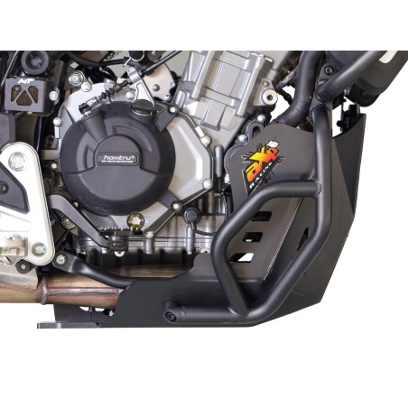 Black skid plate made from 8mm thick HDPE plastic for CFMoto MT450 / IBEX 450 with OEM crash bars