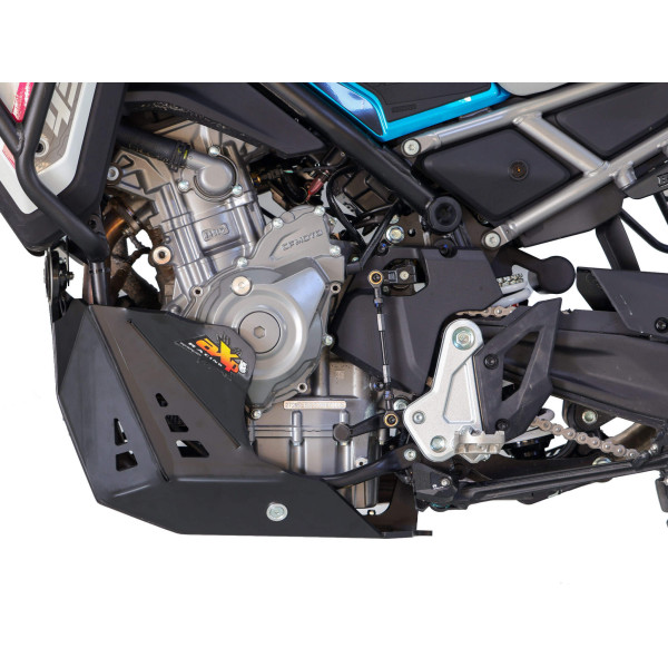 Left side of the black skid plate made from 8mm thick HDPE plastic for CFMoto MT450 / IBEX 450