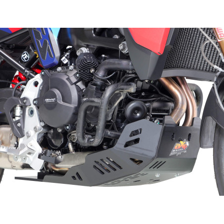 Black skid plate made from 8mm thick HDPE plastic for BMW F900GS with Outback Motortek crash bars