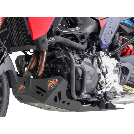Left side of the black skid plate made from 8mm thick HDPE plastic for BMW F900GS with Outback Motortek crash bars