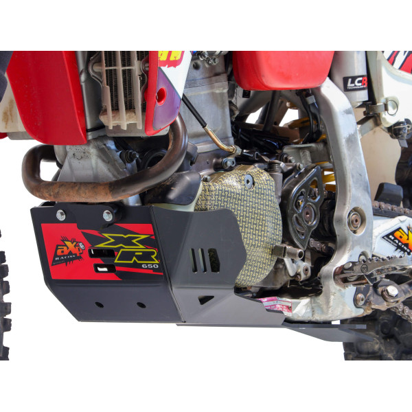 Left side of the 6mm black HDPE plastic skid plate with linkage guard for Honda XR650R
