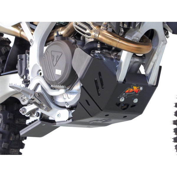 Right side of the black HDPE plastic skid plate with linkage guard for Triumph TF250-X and TF250-E