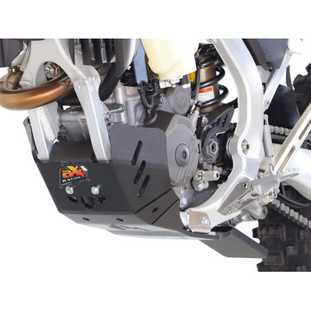 Left side of the black HDPE plastic skid plate with linkage guard for Triumph TF250-X and TF250-E