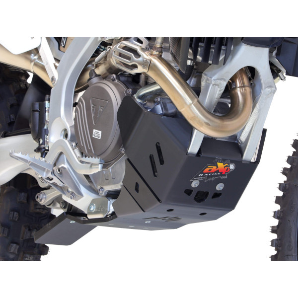 Right side of the black HDPE plastic skid plate with linkage guard for Triumph TF450-RC and TF450-E