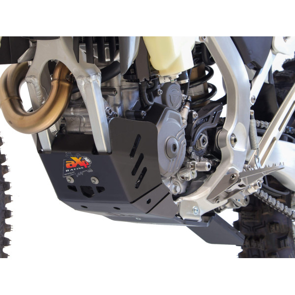 Left side of the black HDPE plastic skid plate with linkage guard for Triumph TF450-RC and TF450-E