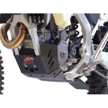 Left side of the black HDPE plastic skid plate with linkage guard for Triumph TF450-RC and TF450-E