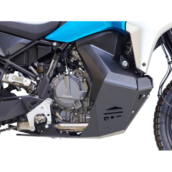 Right side of the black adventure skid plate made from 8mm thick plastic for CFMoto 800 MT-X