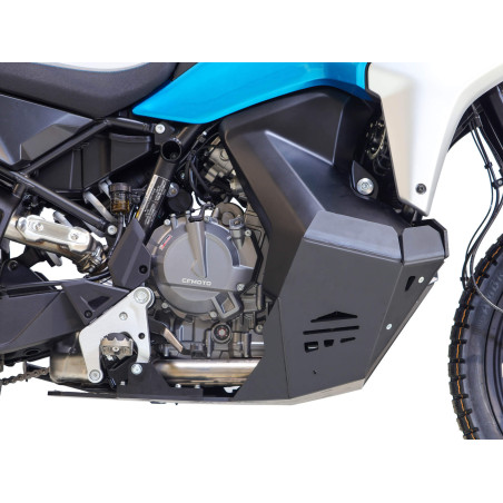 Right side of the black adventure skid plate made from 8mm thick plastic for CFMoto 800 MT-X