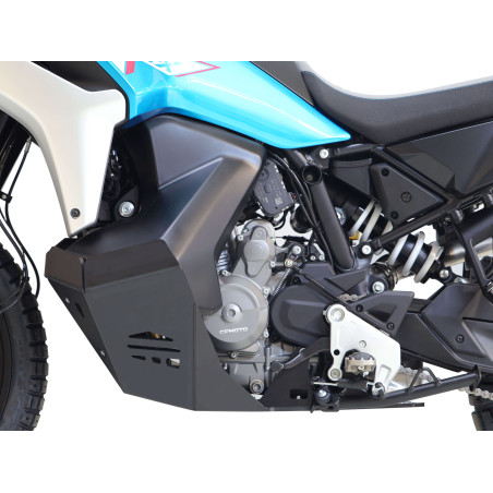 Left side of the black adventure skid plate made from 8mm thick plastic for CFMoto 800 MT-X