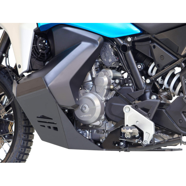 Left rear side of the black adventure skid plate made from 8mm thick plastic for CFMoto 800 MT-X
