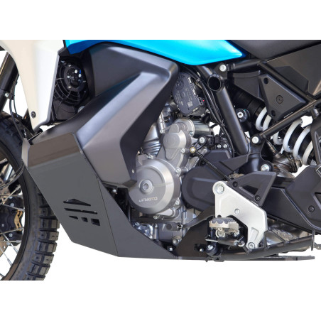 Left rear side of the black adventure skid plate made from 8mm thick plastic for CFMoto 800 MT-X