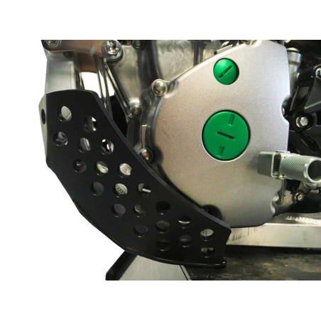 Left side of the black HDPE plastic skid plate for Kawasaki KX250F