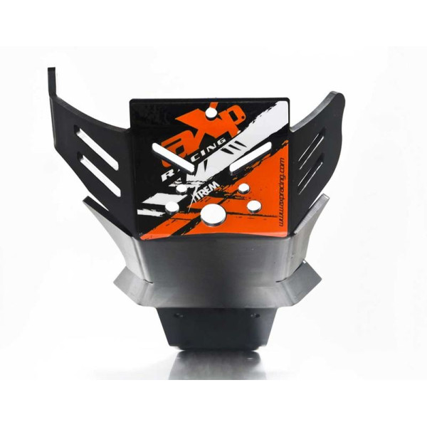 Front view of the black HDPE plastic skid plate with linkage guard for KTM - Husqvarna 250 / 350 4T