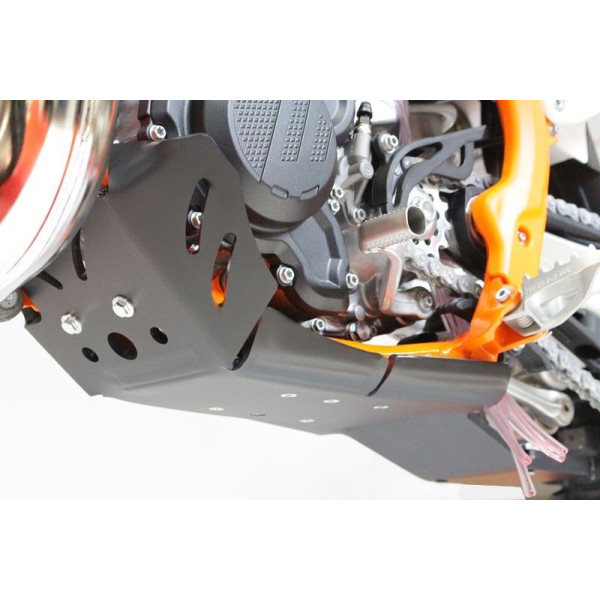 Left side of the black HDPE plastic skid plate with linkage guard for KTM - Husqvarna 250 / 300 2T