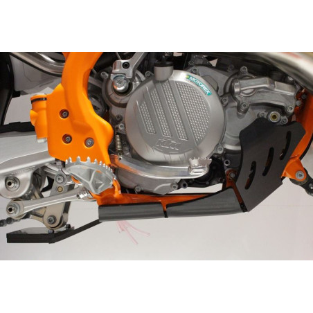 Right side of the black HDPE plastic skid plate with linkage guard for KTM - Husqvarna 250 / 300 2T