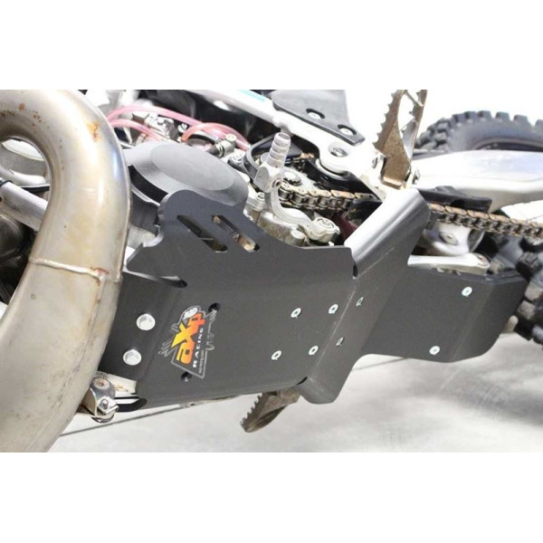 Left side of the black HDPE plastic skid plate with linkage guard for KTM - Husqvarna 2T