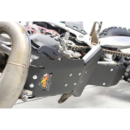 Left side of the black HDPE plastic skid plate with linkage guard for KTM - Husqvarna 2T