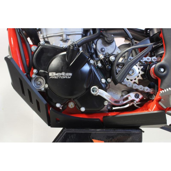 Left side of the black HDPE plastic skid plate with linkage guard for Beta Enduro 4T