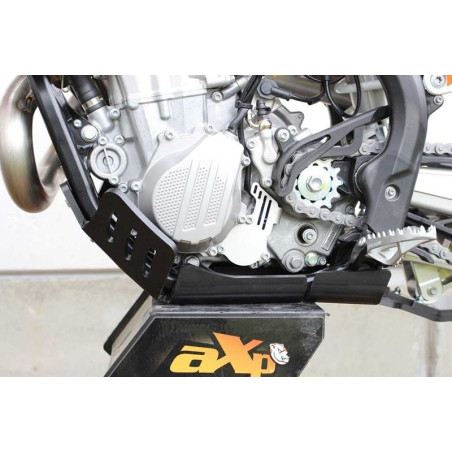 Left side of the black HDPE plastic skid plate with linkage guard for KTM - Husqvarna 450 / 501