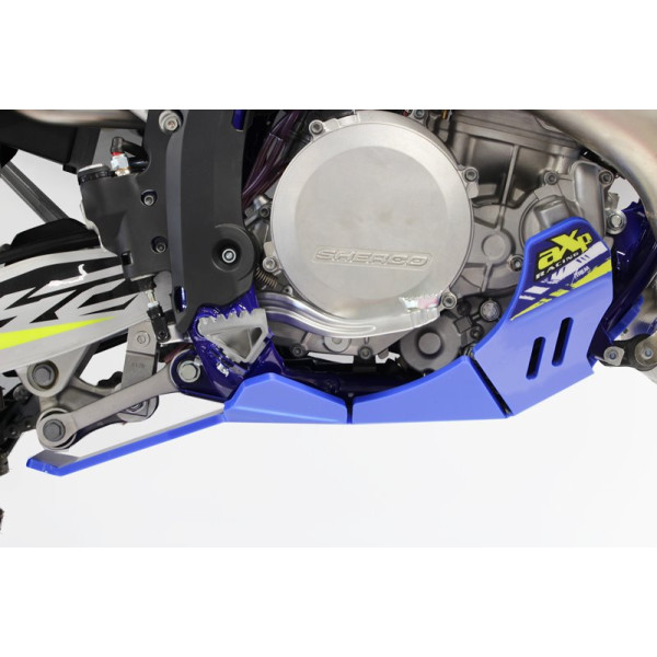 Right side of the blue HDPE plastic skid plate with linkage guard for Sherco 250 - 300 2T