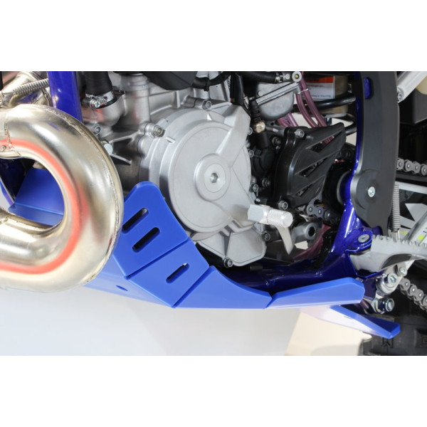 Left side of the blue HDPE plastic skid plate with linkage guard for Sherco 250 - 300 2T