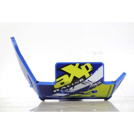 Front view of the blue HDPE plastic skid plate with linkage guard for Sherco 250 - 300SEFR