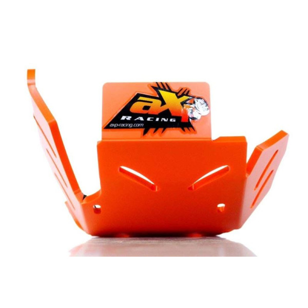 Vue frontale du sabot orange en plastique PEHD avec protection de biellette pour KTM 250 - 300 2T
