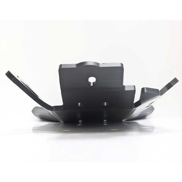 Front view of the black HDPE plastic skid plate with linkage guard for KTM 250EXC - 300EXC