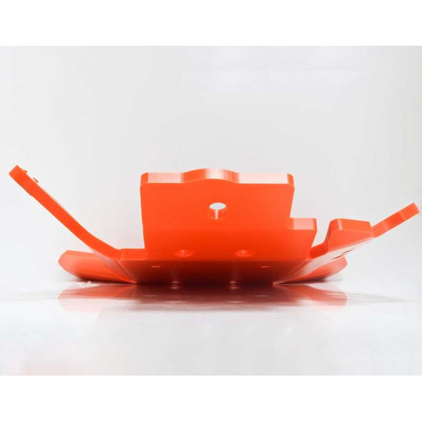 Front view of the orange HDPE plastic skid plate with linkage guard for KTM 250EXC - 300EXC