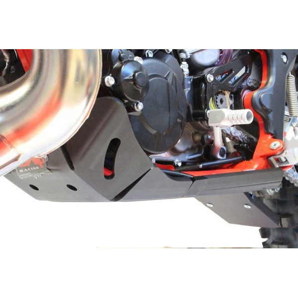 Right side of the black HDPE plastic skid plate with linkage guard for GasGas Enduro 2T