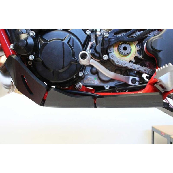 Left side of the black HDPE plastic skid plate with linkage guard for GasGas Enduro 2T