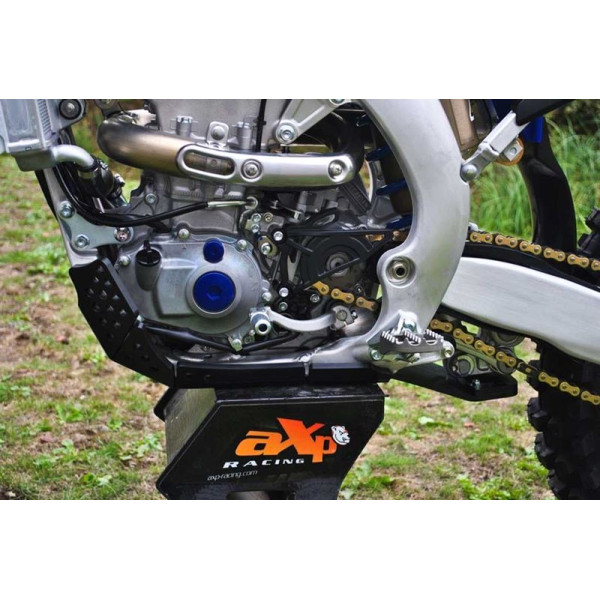 Left side of the black HDPE plastic skid plate with linkage guard for Yamaha - Fantic