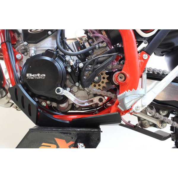 Left side of the black HDPE plastic skid plate with linkage guard for Beta 250 - 300RR