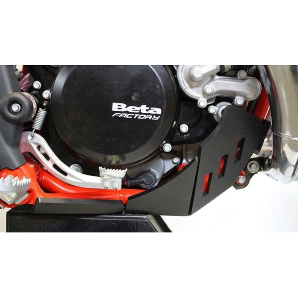 Right side of the black HDPE plastic skid plate with linkage guard for Beta 300Xtrainer