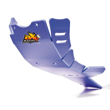 Left side of the blue HDPE plastic skid plate with linkage guard for Sherco 125SER