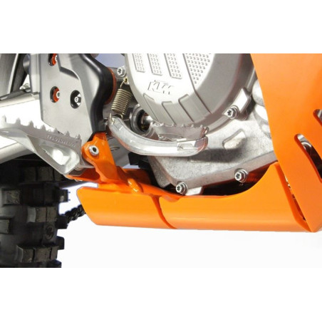 Close up of the right side of the orange HDPE plastic skid plate for KTM 450EXCF - 500EXCF