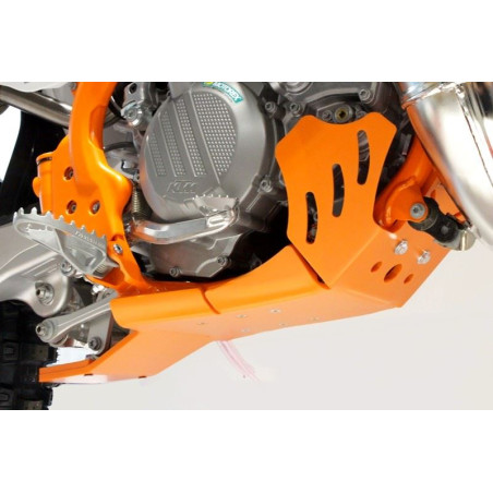 Right side of the orange HDPE plastic skid plate with linkage guard for KTM 250 - 300 2T