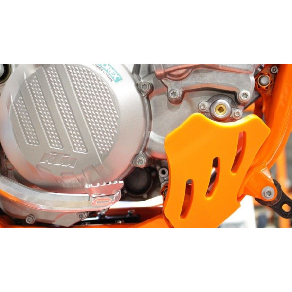Close up view of the cases protection of the orange HDPE plastic skid plate for KTM 250 - 300 2T